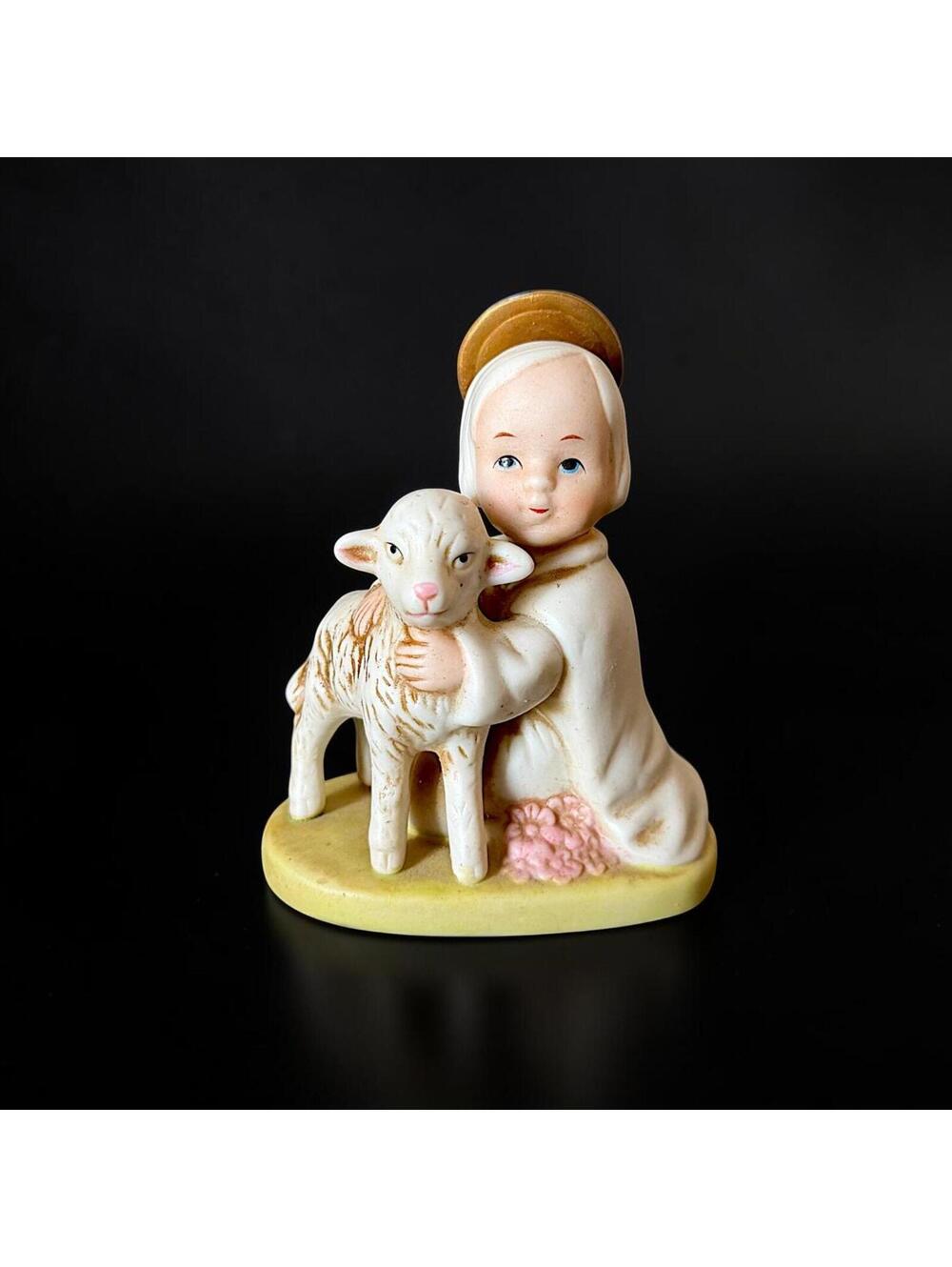 Vintage Homco Shepherd Child w Lamb Figurine #5605 Taiwan Porcelain Bisque 10246
